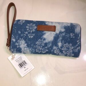 Lucky Brand Cotton & Faux Leather Denim Floral ZA Wallet + Wrist Strap NWT